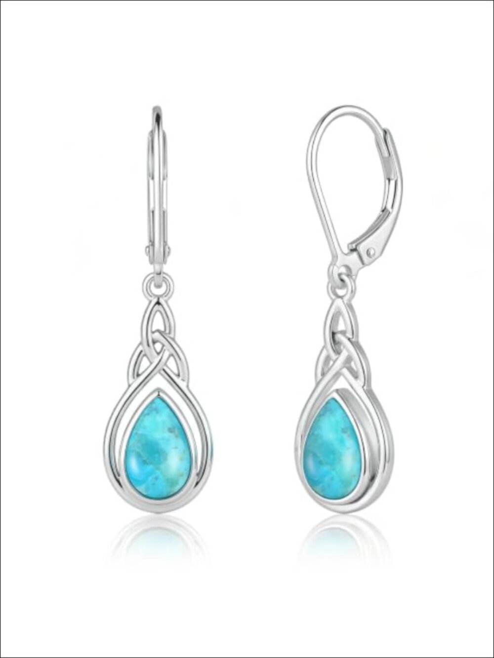 Genuine Turquoise Leverback Drop Earrings Silver Celtic Knot